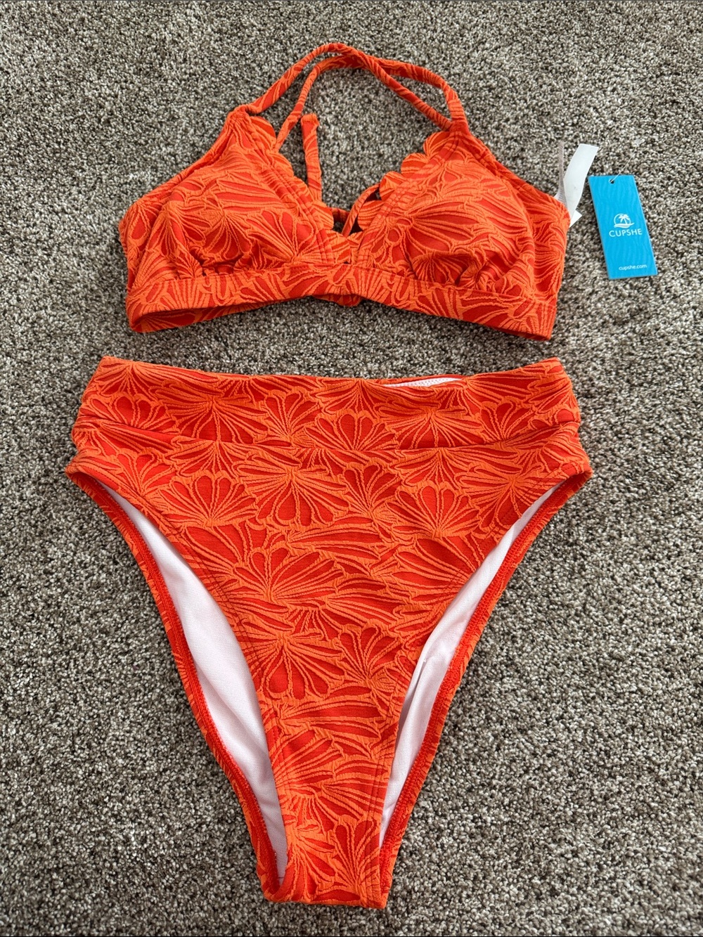 NWT Cupshe Vibrant Orange Textured High-Waist Bikini Set S